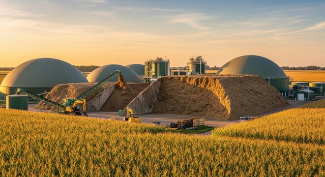 Modern agricultural biogas plant facility utilizing organic corn biomass for sustainable renewable green energy production at sunset
