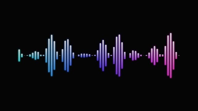 Colorful sound wave visualization displaying audio frequency and amplitude in a rhythmic pattern with vibrant hues of blue purple and pink on a dark backdrop representing sonic patterns and