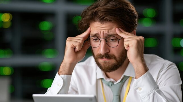 Frustrated IT Professional: A stressed IT worker, with hands pressed to his temples, stares intently at a tablet in a server room filled with glowing green lights.