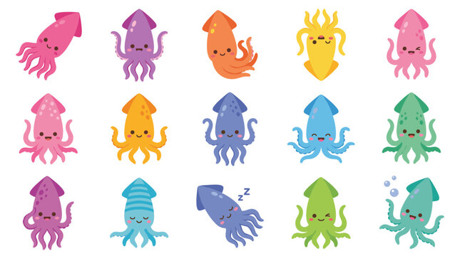 Colorful Cute Squid Cartoon Character Illustration Set with Happy Expressions and Various Vibrant Colors Isolated on White Background