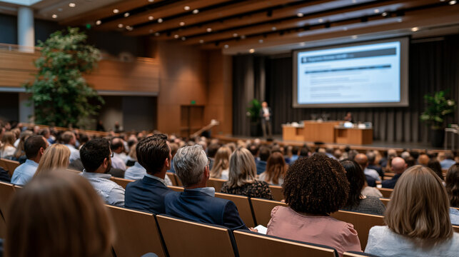 Zero trust policy rollout town hall meeting in large auditorium of regional bank headquarters, IT leadership presenting access control changes to assembled retail banking staff, projection screen sh
