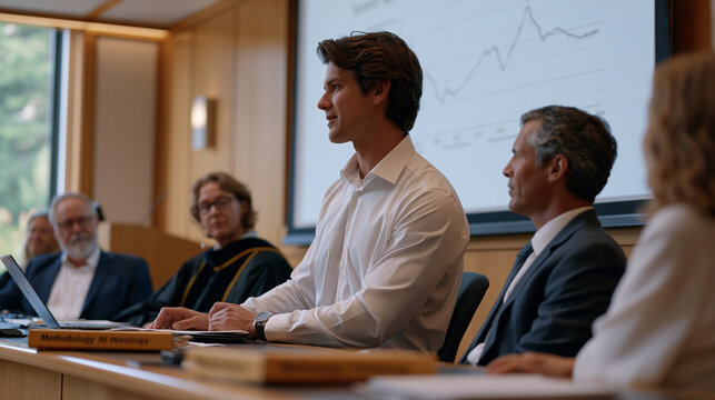 Biometric authentication bypass research paper defense in university engineering building seminar room, graduate student at whiteboard presenting spoofed fingerprint data charts to faculty panel, Ju