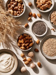 Fototapeta premium This snack arrangement showcases various nuts, seeds, and yogurt in a Scandinavian style, lit by bright natural daylight