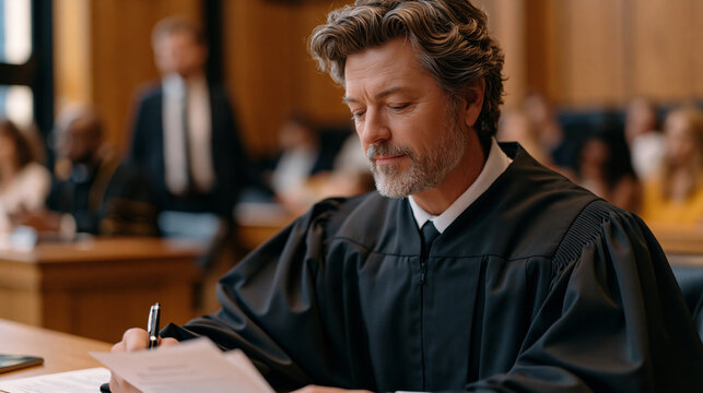 Municipal court judge in black robe reviewing pretrial motions during busy summer docket morning as bailiff stands beside defendant table and spectator benches fill with families .ultra photorealism