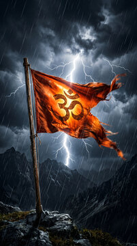 Two Sacred Orange Om Flags Flying Together 
on Mountain with Lightning Storm, Sanatan 
Dharm Powerful Symbol Spiritual Cinematic Art