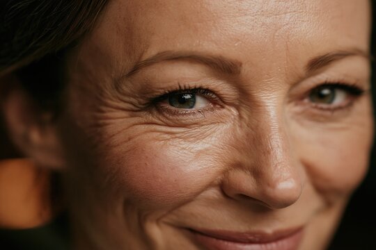 Wrinkles of Wisdom: A close-up portrait of an elegant mature woman's face, highlighting the fine lines and wrinkles around her eyes, suggesting a life rich with experience and wisdom.