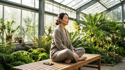 Fototapeta premium Woman Taking a Digital Break in Greenhouse Reclaiming Balance