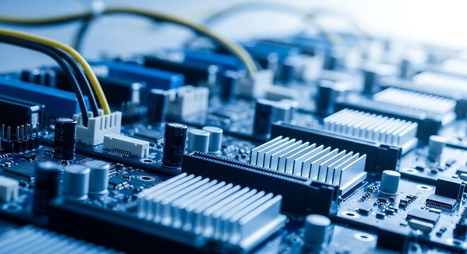 Closeup of a computer motherboard with various components and wires