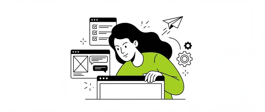 Web developer designing website interface for task project management in flat line art illustration style, representing productivity boost workflow optimization, digital launch and product strategies.