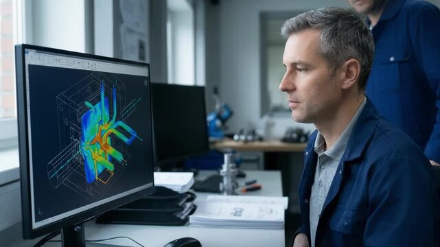 Medium shot of a technician analyzing AIoptimized die design on a computer screen to improve flow balance and reduce material scrap in manufacturing