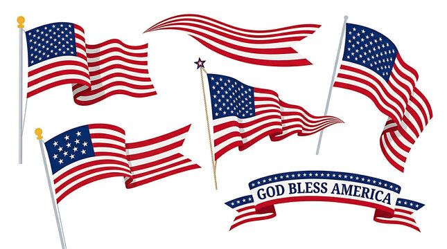 Set of american flags waving and god bless america ribbon with american