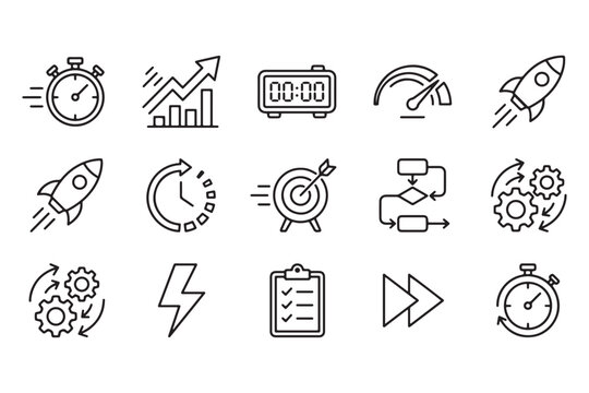 Set of business productivity and efficiency icons with various symbols  isolated on transparent background