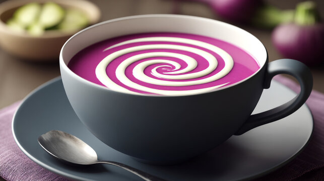 Purple beet soup in a ceramic mug with cream swirl garnish vegetable appetizer