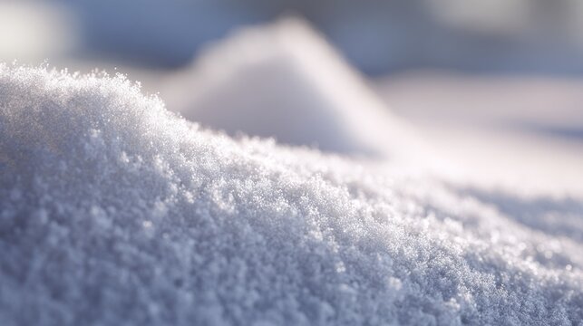 Bright sunlight illuminates crystalline texture of fresh white snow surface in close up