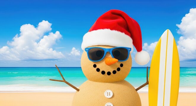 Summer vacation sandman festive beach scene with santa hat and surfboard for holiday travel