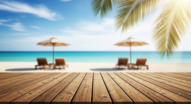 Serene summer vacation beach scene with wooden deck and tropical ocean view