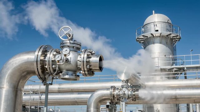 Medium shot of a relief valve releasing pressure in an industrial safety system with vent headers leading to a nearby scrubber unit under clear sky