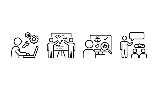 Software engineering stick figure vector icon set. Laptop maintenance, programmers code review on board, computer bug fixing, and tech presentation concept.