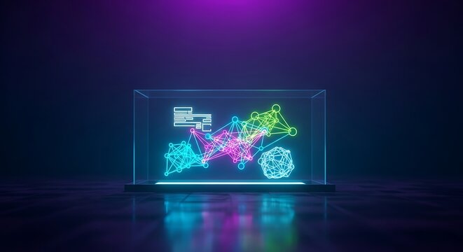 Neon lit glass box with colorful network connections inside