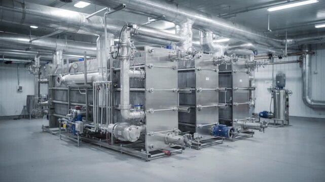 Medium shot of energyefficient digester network featuring plate heat exchangers focusing on sleek industrial design and robust piping systems