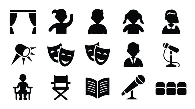 Set of 15 Black Theater and Stage Icon Vector Graphics