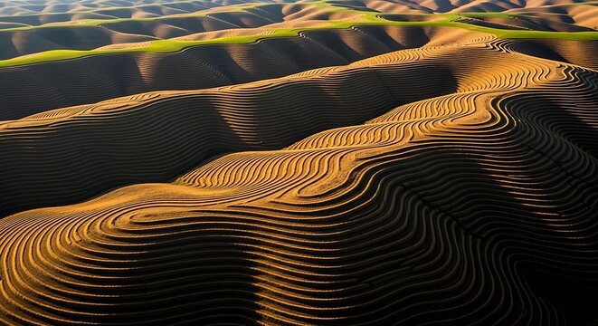 Tilled soil with wavy patterns on a farm field landscape