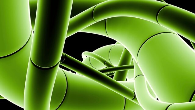 Green Tubes Intertwined. Luminescent Green Tubular System Mimics Natural Root Formations In Darkness