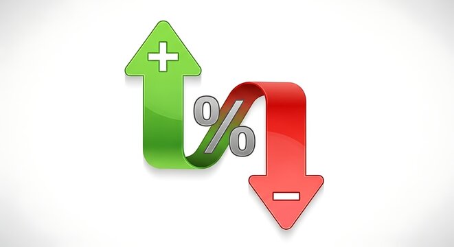 Upward green arrow with plus, percentage symbol, downward red arrow with minus