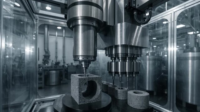 Medium shot of a dry machining cell where drilling and multispindle stations refine sintered metal parts highlighting dustfree clean operation conditions