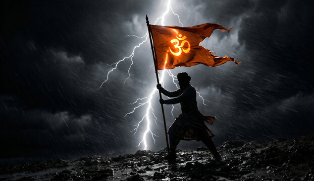 Hindu Warrior Planting Sacred Om Flag with 
Lightning Strike in Dark Storm Clouds, 
Sanatan Dharm Epic Cinematic Spiritual Art