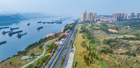 Yichang Yangtze River Aerial Photography - Highway, Ships and City Skyline © HoangNgoc