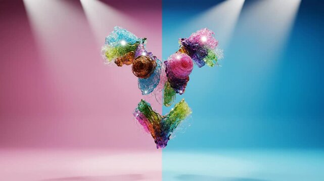 Abstract Colorful Animated Y-Shaped Antibody Illustration Representing Medical and Scientific Concepts Against Pink and Blue Backgrounds