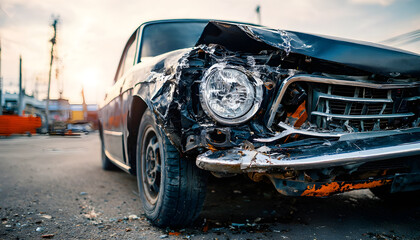 Fototapeta premium A smashed black car sits abandoned with a shattered headlight and torn bumper. The exposed mechanical parts create a feeling of sadness and ruin in the harsh daylight of a repair lot