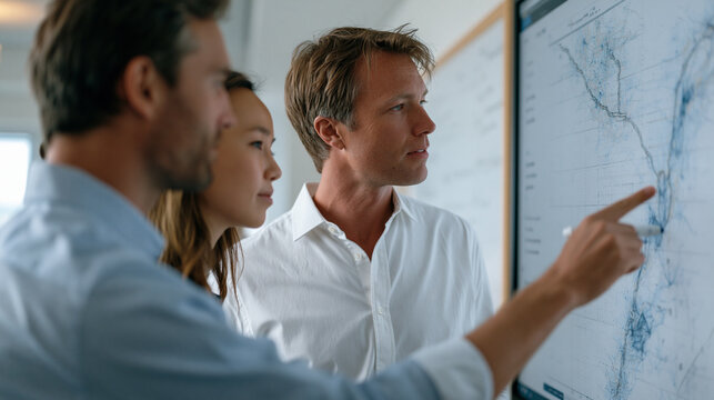 Quantum annealing team reviews optimization problem output on wall-mounted display in operations center, logistics route maps overlaid with probability distributions, one analyst