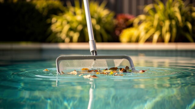 A close-up view of a pool skimmer net in action, scooping leaves and debris from the surface of a swimming pool, with a blurred background of lush greenery and a sunny day atmosphere.