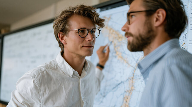 Quantum annealing team reviews optimization problem output on wall-mounted display in operations center, logistics route maps overlaid with probability distributions, one analyst
