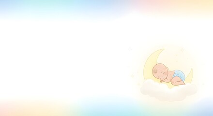 Fototapeta premium A serene baby shower scene featuring a sleeping baby on a crescent moon surrounded by soft colors and gentle hues in a peaceful environment.