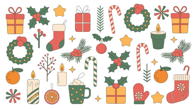 christmas illustration with colorful holiday elements gifts wreath candy cane holly stocking orange mitten candle vector flat icon pattern seasonal festive