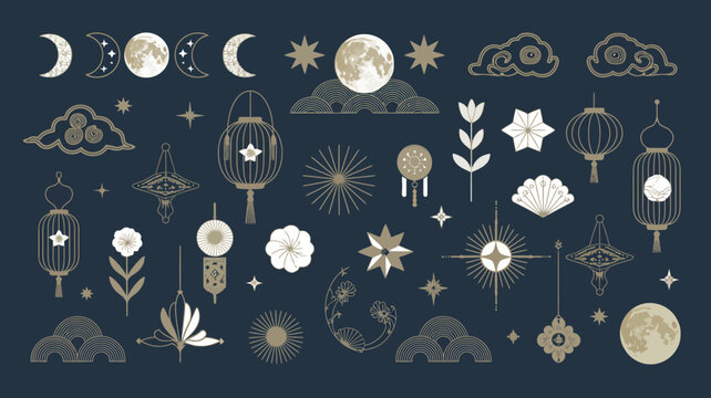 collection of celestial symbols vector moon stars clouds lanterns flowers illustration pattern design icon astronomy night sky ornament decorative graphic art