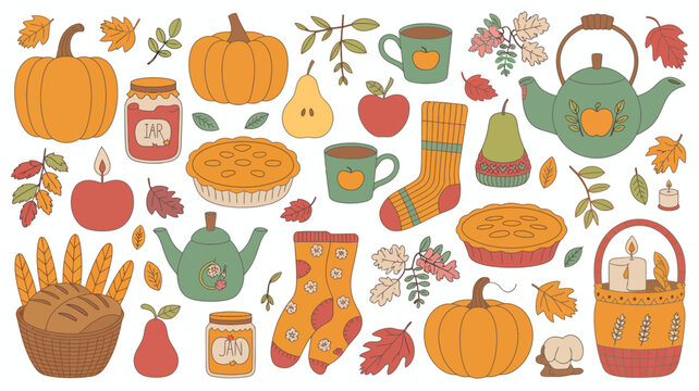 autumn themed colorful illustration fall pumpkin apple pie socks teapot leaves bread jar basket candle vector seasonal harvest festive cozy home
