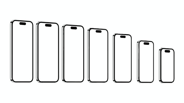 seven smartphones in gradient sizes mobile phones devices technology electronics sequence minimalist design white background silhouette modern communication touchscreen gadget consumer