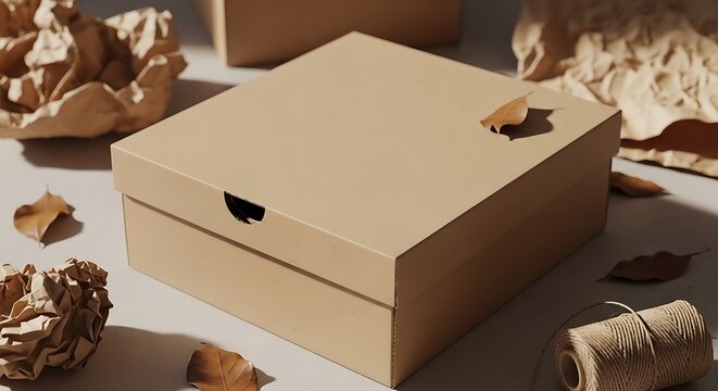 Brown cardboard shoe box with crumpled paper and twine on white surface. shoe lid