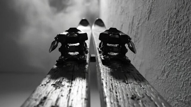 Low angle black and white shot of vintage wooden skis and bindings against a cloudy sky