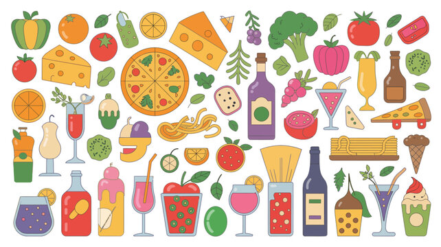 food and drink vector illustration pizza cheese tomato orange wine cocktail ice cream colorful flat graphic design menu restaurant healthy nutrition