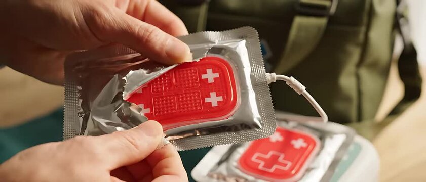 Hands Opening Foil Packet of Medical AED Electrode Pads for First Aid