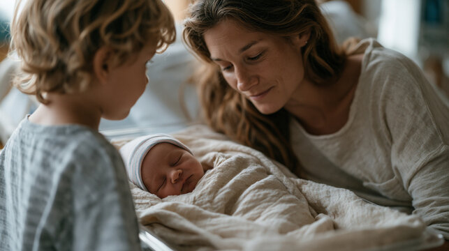 Newborn baby sleeps in a hospital bassinet beside a posture-slumped mother lying in the bed, while her older son around age five stands on his toes to peer into the bassinet with