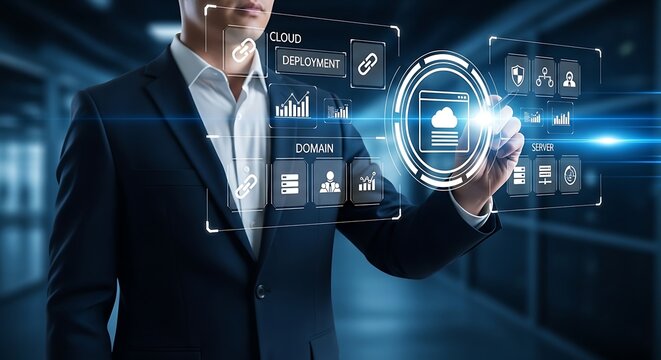 Businessman interacting with cloud deployment interface