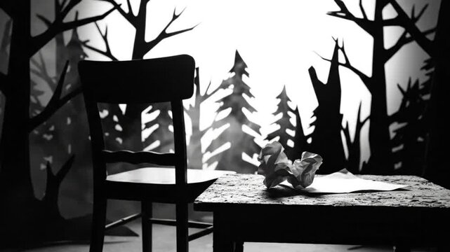 Black and white still life with a chair, crumpled paper, and forest backdrop evoking melancholy and creative struggle