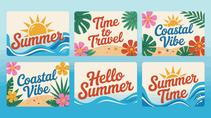 summer themed cards vector travel coastal vibe hello time beach sun waves flowers tropical vacation holiday seasonal illustration design graphic background © DesignHub