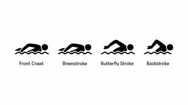 swimming strokes flat icon front crawl breaststroke butterfly stroke backstroke swimmer swim black white silhouette illustration graphic sports fitness activity water